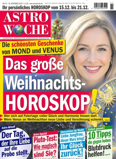 Titelbild der Ausgabe 51/2025 von Astrowoche. Diese Zeitschrift und viele weitere Frauenzeitschriften als Abo oder epaper bei United Kiosk online kaufen.
