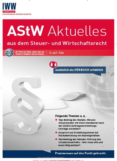 Titelbild der Ausgabe 3/2023 von AStW Aktuelles aus dem Steuer- und Wirtschaftsrecht. Diese Zeitschrift und viele weitere Businessmagazine als Abo oder epaper bei United Kiosk online kaufen.