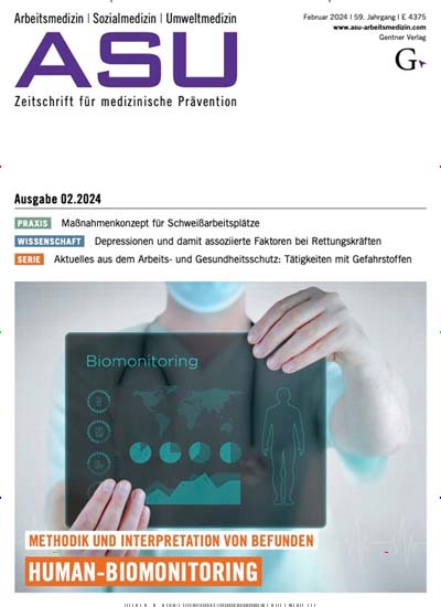 Titelbild der Ausgabe 2/2024 von ASU Arbeitsmedizin, Sozialmedizin, Umweltmedizin. Diese Zeitschrift und viele weitere Pflegezeitschriften und medizinische Fachzeitschriften als Abo oder epaper bei United Kiosk online kaufen.