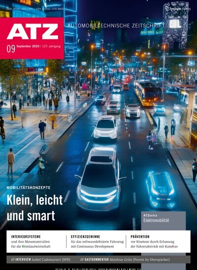 Titelbild der Ausgabe 9/2025 von ATZ Automobiltechnische Zeitschrift. Diese Zeitschrift und viele weitere Industriemagazine und Handwerkmagazine als Abo oder epaper bei United Kiosk online kaufen.