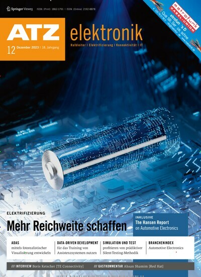 Titelbild der Ausgabe 12/2023 von ATZ elektronik. Diese Zeitschrift und viele weitere Industriemagazine und Handwerkmagazine als Abo oder epaper bei United Kiosk online kaufen.