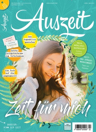 Auszeit Kombi-Abo aktuelles Titelbild Ausgabe 2/2018 Aktuelles Titelbild von Auszeit Kombi-Abo. Entdecken Sie jetzt die Ausgabe 2/2018. Lesen Sie gerne Lifestylemagazine und Peoplemagazine? Dann empfehlen wir Ihnen Auszeit Kombi-Abo als Kombi-Abo zum Lesen als gedruckte Ausgabe, als digitale Ausgabe im Web und als epaper per App.