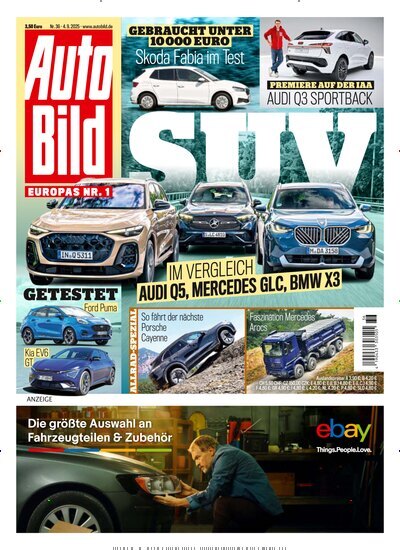 Titelbild der Ausgabe 36/2025 von Auto Bild. Diese Zeitschrift und viele weitere Automagazine und Motorradzeitschriften als Abo oder epaper bei United Kiosk online kaufen.