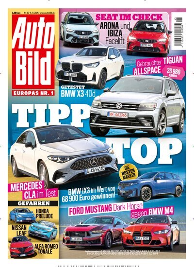 Titelbild der Ausgabe 45/2025 von Auto Bild. Diese Zeitschrift und viele weitere Automagazine und Motorradzeitschriften als Abo oder epaper bei United Kiosk online kaufen.