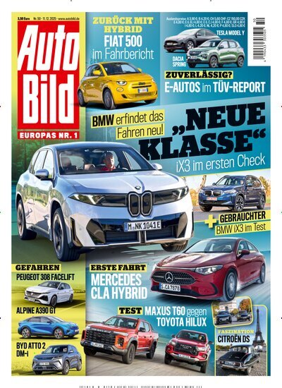 Titelbild der Ausgabe 50/2025 von Auto Bild. Diese Zeitschrift und viele weitere Automagazine und Motorradzeitschriften als Abo oder epaper bei United Kiosk online kaufen.
