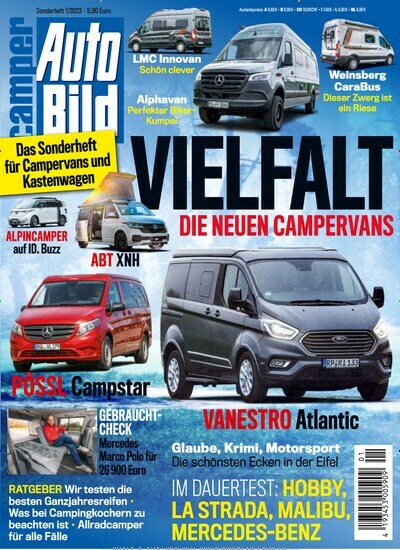 Titelbild der Ausgabe 1/2023 von Auto Bild camper. Diese Zeitschrift und viele weitere Automagazine und Motorradzeitschriften als Abo oder epaper bei United Kiosk online kaufen.