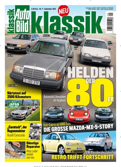 Titelbild der Ausgabe 9/2025 von Auto Bild klassik. Diese Zeitschrift und viele weitere Automagazine und Motorradzeitschriften als Abo oder epaper bei United Kiosk online kaufen.