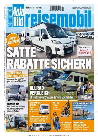 Titelbild der Ausgabe 5/2026 von Auto Bild reisemobil. Diese Zeitschrift und viele weitere Automagazine und Motorradzeitschriften als Abo oder epaper bei United Kiosk online kaufen.
