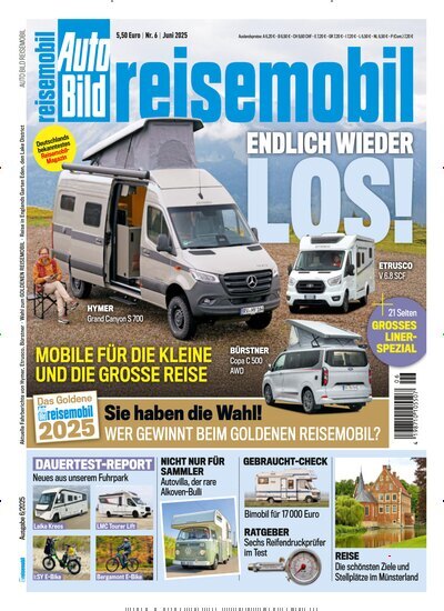 Titelbild der Ausgabe 6/2025 von Auto Bild reisemobil. Diese Zeitschrift und viele weitere Automagazine und Motorradzeitschriften als Abo oder epaper bei United Kiosk online kaufen.