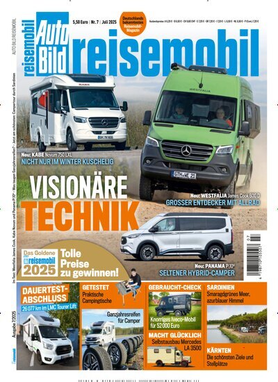 Titelbild der Ausgabe 7/2025 von Auto Bild reisemobil. Diese Zeitschrift und viele weitere Automagazine und Motorradzeitschriften als Abo oder epaper bei United Kiosk online kaufen.
