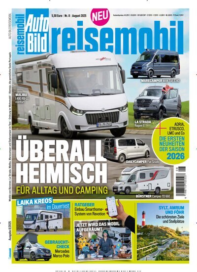 Titelbild der Ausgabe 8/2025 von Auto Bild reisemobil. Diese Zeitschrift und viele weitere Automagazine und Motorradzeitschriften als Abo oder epaper bei United Kiosk online kaufen.