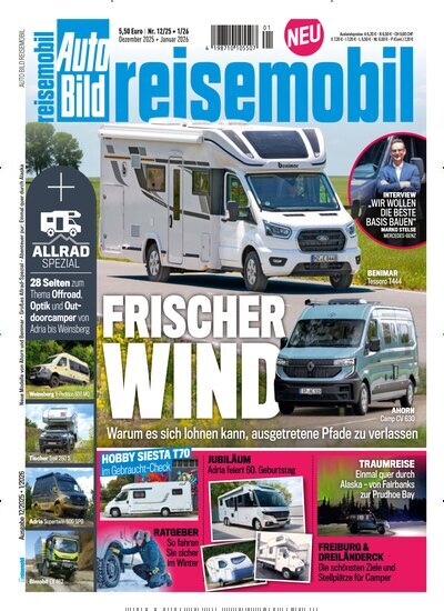 Titelbild der Ausgabe 12/2025 von Auto Bild reisemobil. Diese Zeitschrift und viele weitere Automagazine und Motorradzeitschriften als Abo oder epaper bei United Kiosk online kaufen.
