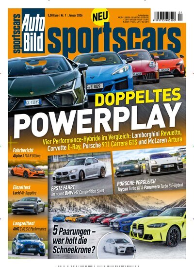 Titelbild der Ausgabe 1/2026 von Auto Bild sportscars. Diese Zeitschrift und viele weitere Automagazine und Motorradzeitschriften als Abo oder epaper bei United Kiosk online kaufen.