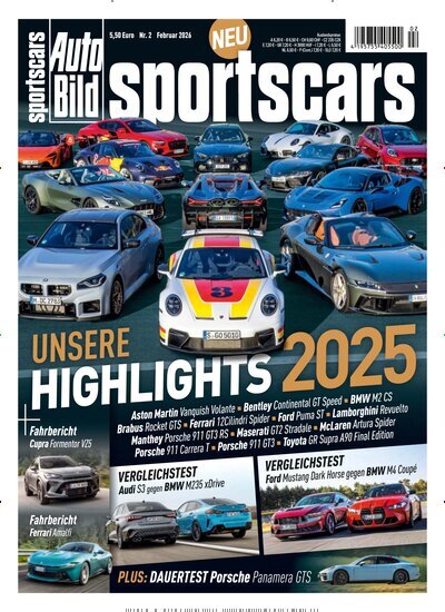 Titelbild der Ausgabe 2/2026 von Auto Bild sportscars. Diese Zeitschrift und viele weitere Automagazine und Motorradzeitschriften als Abo oder epaper bei United Kiosk online kaufen.