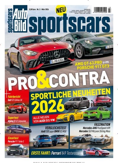 Titelbild der Ausgabe 3/2026 von Auto Bild sportscars. Diese Zeitschrift und viele weitere Automagazine und Motorradzeitschriften als Abo oder epaper bei United Kiosk online kaufen.