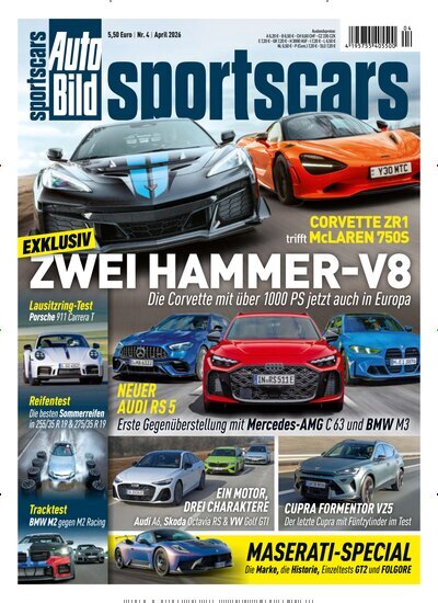 Titelbild der Ausgabe 4/2026 von Auto Bild sportscars. Diese Zeitschrift und viele weitere Automagazine und Motorradzeitschriften als Abo oder epaper bei United Kiosk online kaufen.