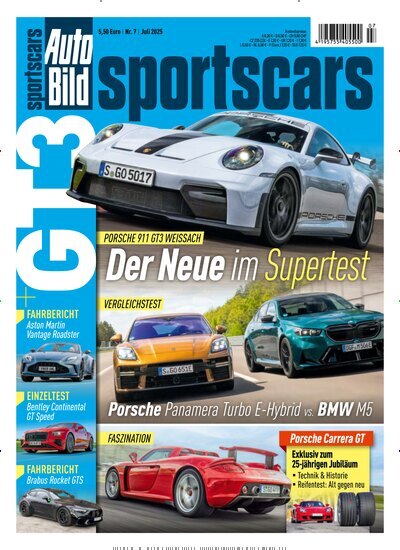 Titelbild der Ausgabe 7/2025 von Auto Bild sportscars. Diese Zeitschrift und viele weitere Automagazine und Motorradzeitschriften als Abo oder epaper bei United Kiosk online kaufen.