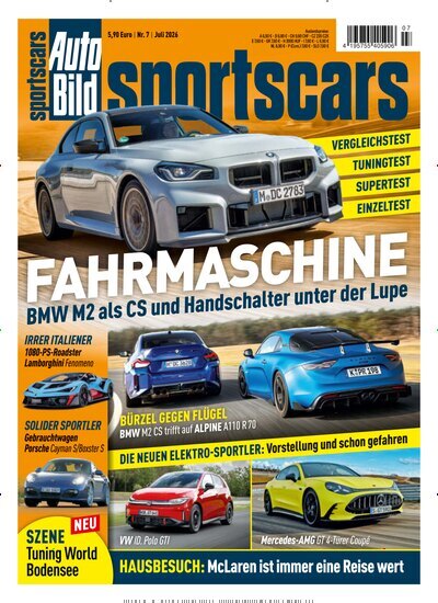 Titelbild der Ausgabe 7/2026 von Auto Bild sportscars. Diese Zeitschrift und viele weitere Automagazine und Motorradzeitschriften als Abo oder epaper bei United Kiosk online kaufen.