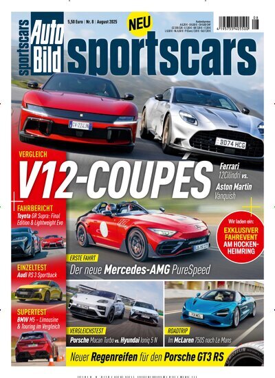 Titelbild der Ausgabe 8/2025 von Auto Bild sportscars. Diese Zeitschrift und viele weitere Automagazine und Motorradzeitschriften als Abo oder epaper bei United Kiosk online kaufen.