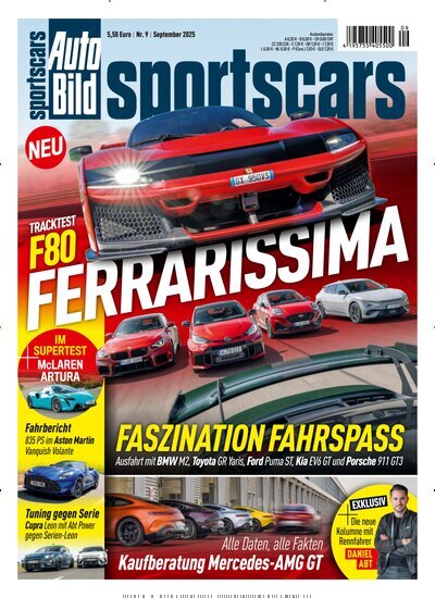 Titelbild der Ausgabe 9/2025 von Auto Bild sportscars. Diese Zeitschrift und viele weitere Automagazine und Motorradzeitschriften als Abo oder epaper bei United Kiosk online kaufen.