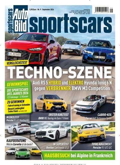 Titelbild der Ausgabe 9/2026 von Auto Bild sportscars. Diese Zeitschrift und viele weitere Automagazine und Motorradzeitschriften als Abo oder epaper bei United Kiosk online kaufen.