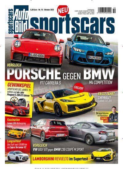 Titelbild der Ausgabe 10/2025 von Auto Bild sportscars. Diese Zeitschrift und viele weitere Automagazine und Motorradzeitschriften als Abo oder epaper bei United Kiosk online kaufen.