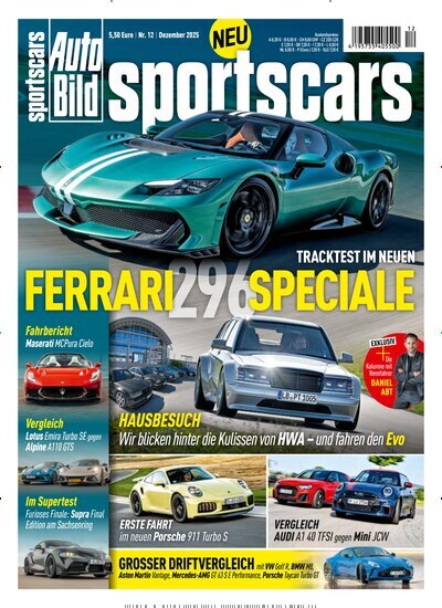 Titelbild der Ausgabe 12/2025 von Auto Bild sportscars. Diese Zeitschrift und viele weitere Automagazine und Motorradzeitschriften als Abo oder epaper bei United Kiosk online kaufen.