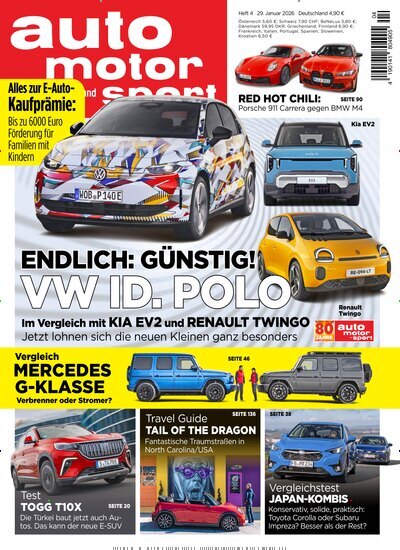 Titelbild der Ausgabe 4/2026 von auto motor und sport. Diese Zeitschrift und viele weitere Automagazine und Motorradzeitschriften als Abo oder epaper bei United Kiosk online kaufen.