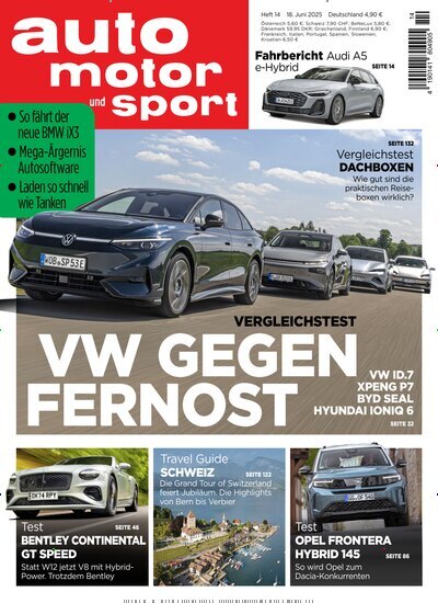 Titelbild der Ausgabe 14/2025 von auto motor und sport. Diese Zeitschrift und viele weitere Automagazine und Motorradzeitschriften als Abo oder epaper bei United Kiosk online kaufen.