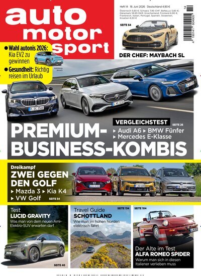 Titelbild der Ausgabe 14/2026 von auto motor und sport. Diese Zeitschrift und viele weitere Automagazine und Motorradzeitschriften als Abo oder epaper bei United Kiosk online kaufen.