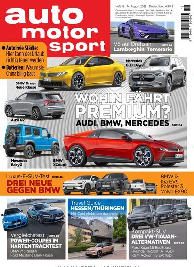 Titelbild der Ausgabe 18/2025 von auto motor und sport. Diese Zeitschrift und viele weitere Automagazine und Motorradzeitschriften als Abo oder epaper bei United Kiosk online kaufen.