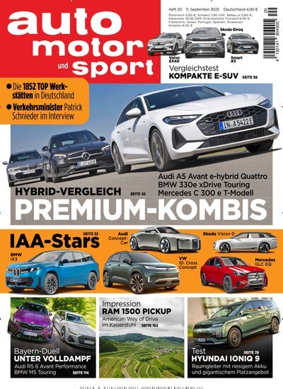 Titelbild der Ausgabe 20/2025 von auto motor und sport. Diese Zeitschrift und viele weitere Automagazine und Motorradzeitschriften als Abo oder epaper bei United Kiosk online kaufen.