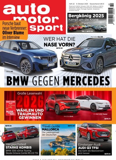 Titelbild der Ausgabe 22/2025 von auto motor und sport. Diese Zeitschrift und viele weitere Automagazine und Motorradzeitschriften als Abo oder epaper bei United Kiosk online kaufen.