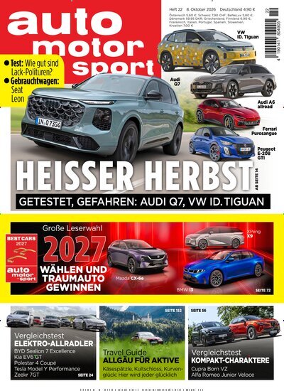 Titelbild der Ausgabe 22/2026 von auto motor und sport. Diese Zeitschrift und viele weitere Automagazine und Motorradzeitschriften als Abo oder epaper bei United Kiosk online kaufen.