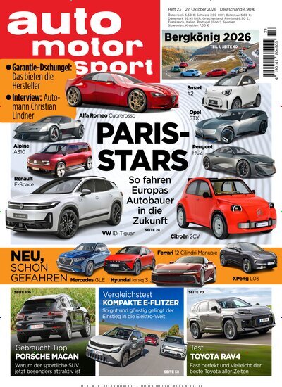 Titelbild der Ausgabe 23/2026 von auto motor und sport. Diese Zeitschrift und viele weitere Automagazine und Motorradzeitschriften als Abo oder epaper bei United Kiosk online kaufen.