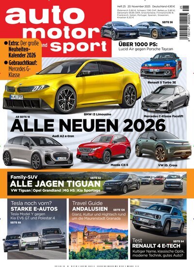 Titelbild der Ausgabe 25/2025 von auto motor und sport. Diese Zeitschrift und viele weitere Automagazine und Motorradzeitschriften als Abo oder epaper bei United Kiosk online kaufen.