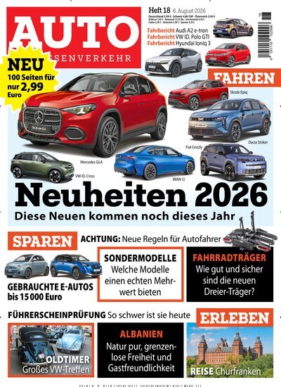 Titelbild der Ausgabe 18/2026 von Auto Straßenverkehr. Diese Zeitschrift und viele weitere Automagazine und Motorradzeitschriften als Abo oder epaper bei United Kiosk online kaufen.