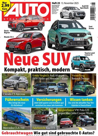 Titelbild der Ausgabe 25/2025 von Auto Straßenverkehr. Diese Zeitschrift und viele weitere Automagazine und Motorradzeitschriften als Abo oder epaper bei United Kiosk online kaufen.
