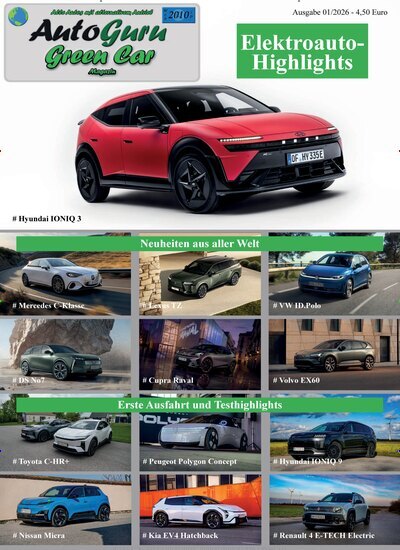 Titelbild der Ausgabe 1/2026 von AutoGuru Green Car. Diese Zeitschrift und viele weitere Automagazine und Motorradzeitschriften als Abo oder epaper bei United Kiosk online kaufen.