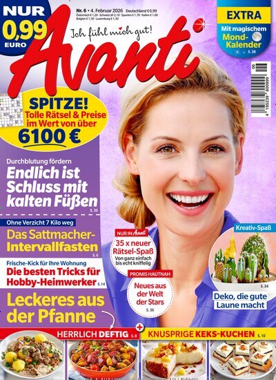 Titelbild der Ausgabe 6/2026 von Avanti. Diese Zeitschrift und viele weitere Frauenzeitschriften als Abo oder epaper bei United Kiosk online kaufen.