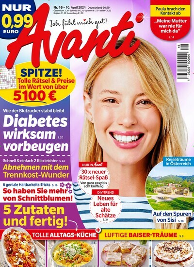 Titelbild der Ausgabe 16/2024 von Avanti. Diese Zeitschrift und viele weitere Frauenzeitschriften als Abo oder epaper bei United Kiosk online kaufen.
