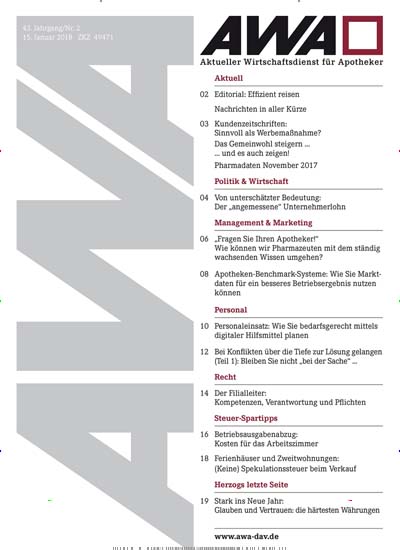 AWA aktuelles Titelbild Ausgabe 2/2018 Aktuelles Titelbild von AWA. In der Ausgabe 2/2018 geht es um die Themen: Von unterschätzter Bedeutung: Der angemessene Unternehmerlohn. Lesen Sie gerne Pharmazeutische Zeitungen? Dann empfehlen wir Ihnen AWA als Abo oder Geschenkabo.