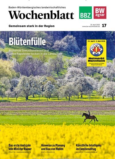 Titelbild der Ausgabe 17/2026 von Baden-Württembergisches Landwirtschaftliches Wochenblatt. Diese Zeitschrift und viele weitere Naturzeitschriften, Landwirtschaftszeitungen und Umweltmagazine als Abo oder epaper bei United Kiosk online kaufen.