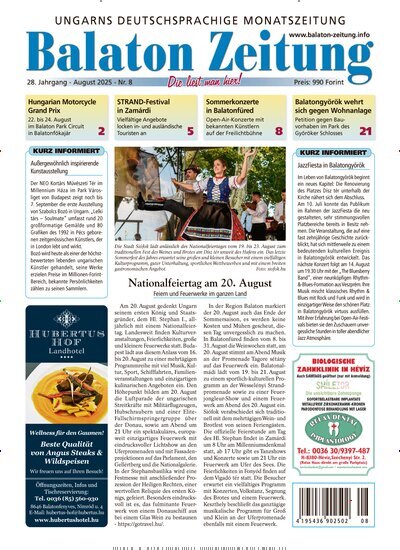 Titelbild der Ausgabe 8/2025 von Balaton Zeitung. Diese Zeitschrift und viele weitere Zeitungsabos als Abo oder epaper bei United Kiosk online kaufen.
