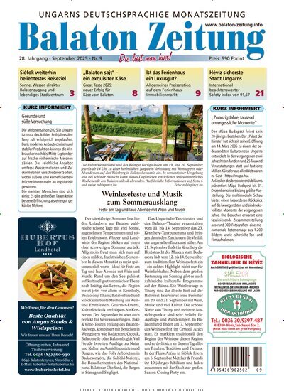 Titelbild der Ausgabe 9/2025 von Balaton Zeitung. Diese Zeitschrift und viele weitere Zeitungsabos als Abo oder epaper bei United Kiosk online kaufen.