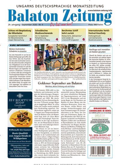 Titelbild der Ausgabe 9/2026 von Balaton Zeitung. Diese Zeitschrift und viele weitere Zeitungsabos als Abo oder epaper bei United Kiosk online kaufen.