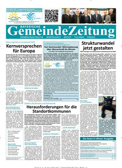 Titelbild der Ausgabe 8/2024 von Bayerische Gemeindezeitung. Diese Zeitschrift und viele weitere Wirtschaftsmagazine und Politikmagazine als Abo oder epaper bei United Kiosk online kaufen.