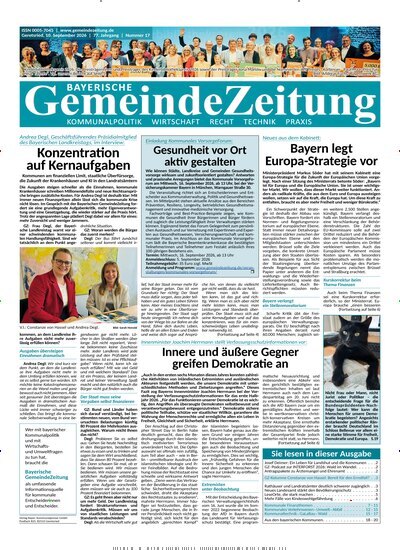Titelbild der Ausgabe 17/2026 von Bayerische Gemeindezeitung. Diese Zeitschrift und viele weitere Wirtschaftsmagazine und Politikmagazine als Abo oder epaper bei United Kiosk online kaufen.