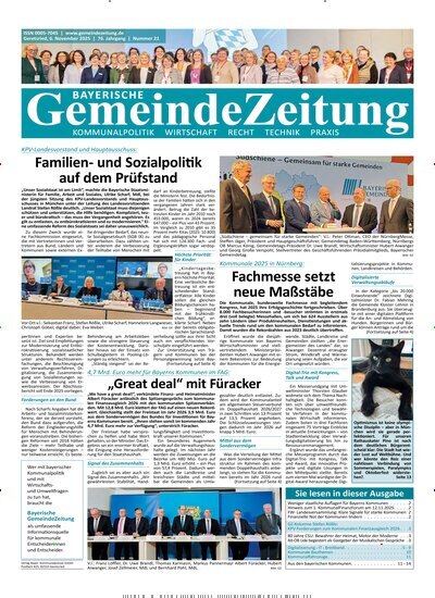 Titelbild der Ausgabe 21/2025 von Bayerische Gemeindezeitung. Diese Zeitschrift und viele weitere Wirtschaftsmagazine und Politikmagazine als Abo oder epaper bei United Kiosk online kaufen.