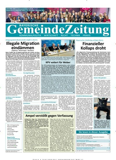Titelbild der Ausgabe 22/2023 von Bayerische Gemeindezeitung. Diese Zeitschrift und viele weitere Wirtschaftsmagazine und Politikmagazine als Abo oder epaper bei United Kiosk online kaufen.